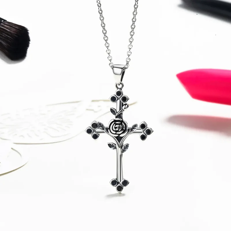 (image for) Silver Rose Cross Necklace - PANDORA Style - SCN091 - View 4