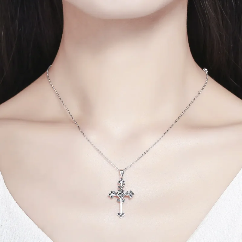 (image for) Silver Rose Cross Necklace - PANDORA Style - SCN091 - View 6