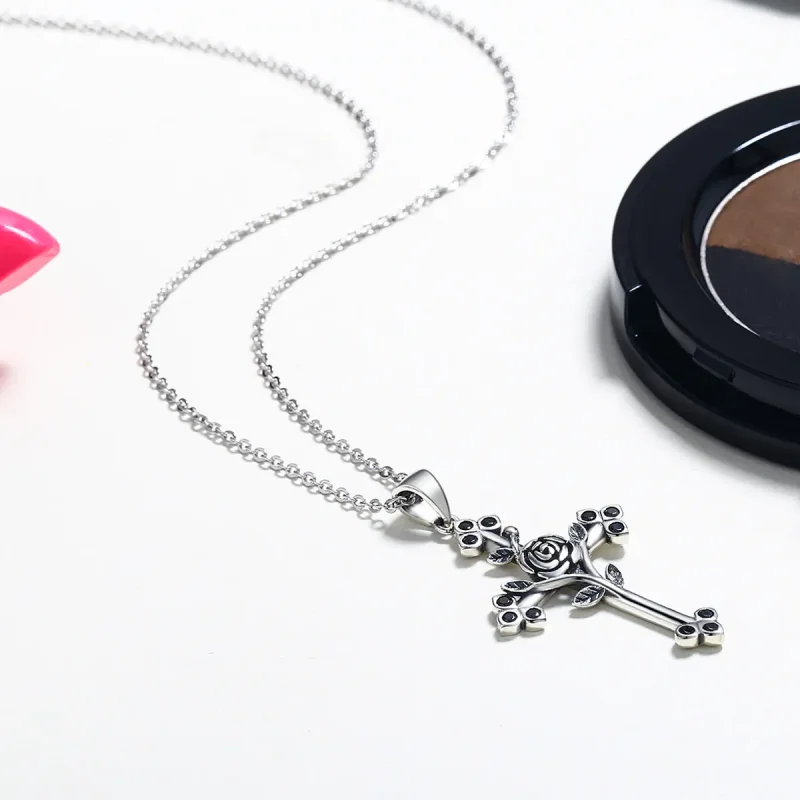 (image for) Silver Rose Cross Necklace - PANDORA Style - SCN091 - View 7