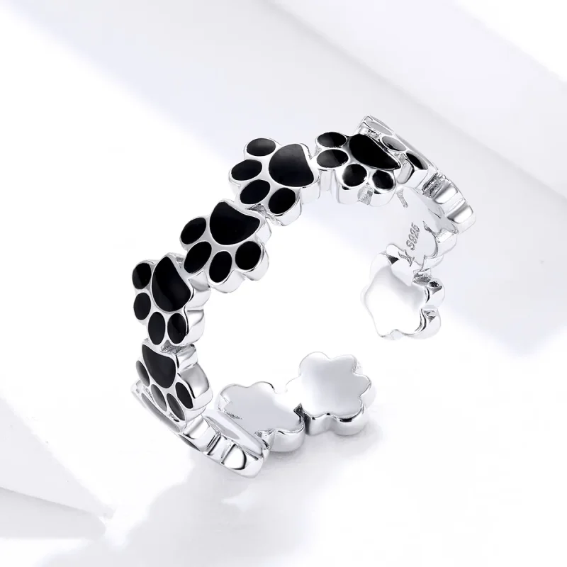 (image for) Pandora Style Silver Open Ring, Budding Paw Print, Black Enamel - SCR603 - View 2