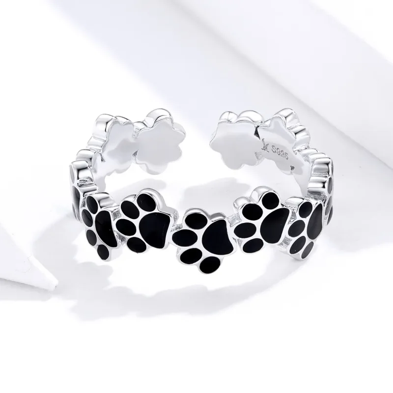 (image for) Pandora Style Silver Open Ring, Budding Paw Print, Black Enamel - SCR603 - View 4