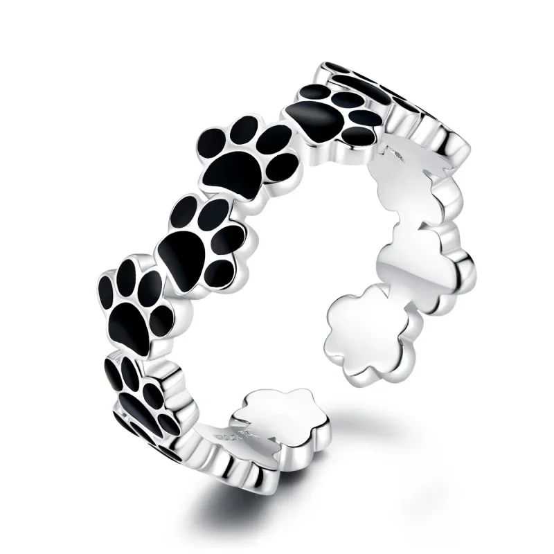 (image for) Pandora Style Silver Open Ring, Budding Paw Print, Black Enamel - SCR603 - Product Image