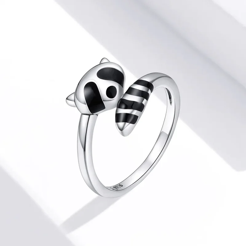 (image for) Pandora Style Silver Open Ring, Little Raccoon, Black Enamel - SCR652 - View 2