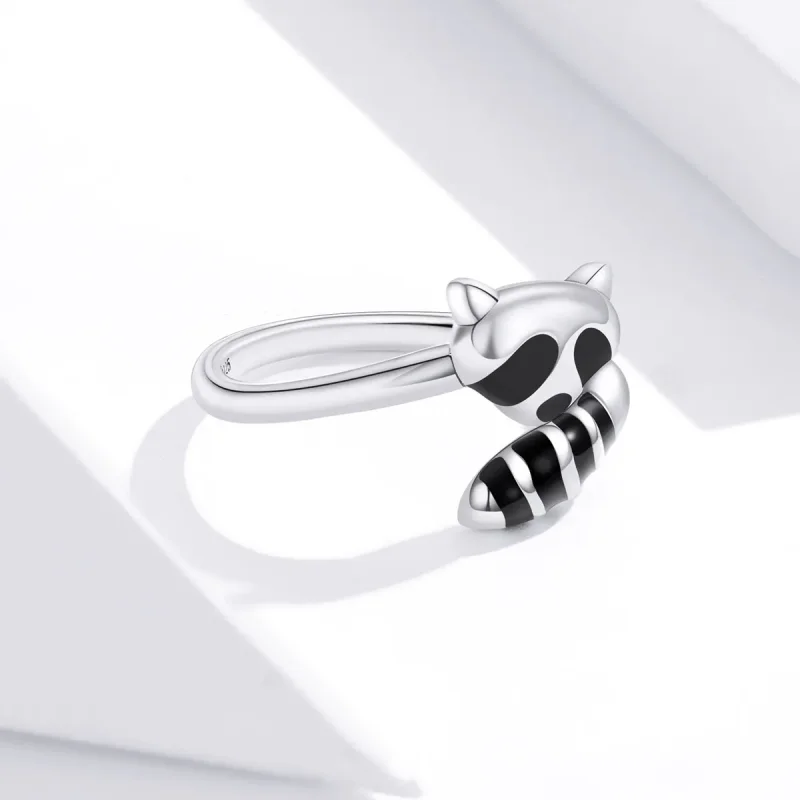 (image for) Pandora Style Silver Open Ring, Little Raccoon, Black Enamel - SCR652 - View 4