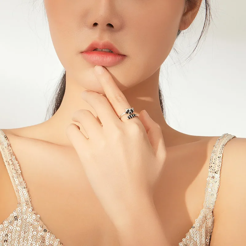 (image for) Pandora Style Silver Open Ring, Little Raccoon, Black Enamel - SCR652 - View 5