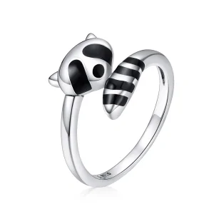 (image for) Pandora Style Silver Open Ring, Little Raccoon, Black Enamel - SCR652