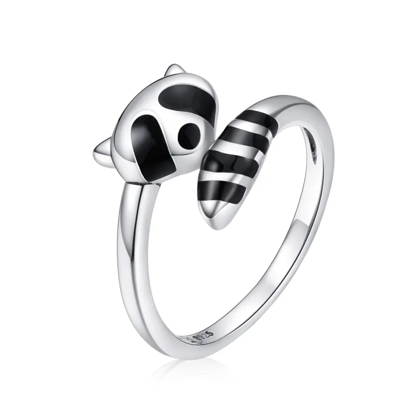 (image for) Pandora Style Silver Open Ring, Little Raccoon, Black Enamel - SCR652 - Product Image