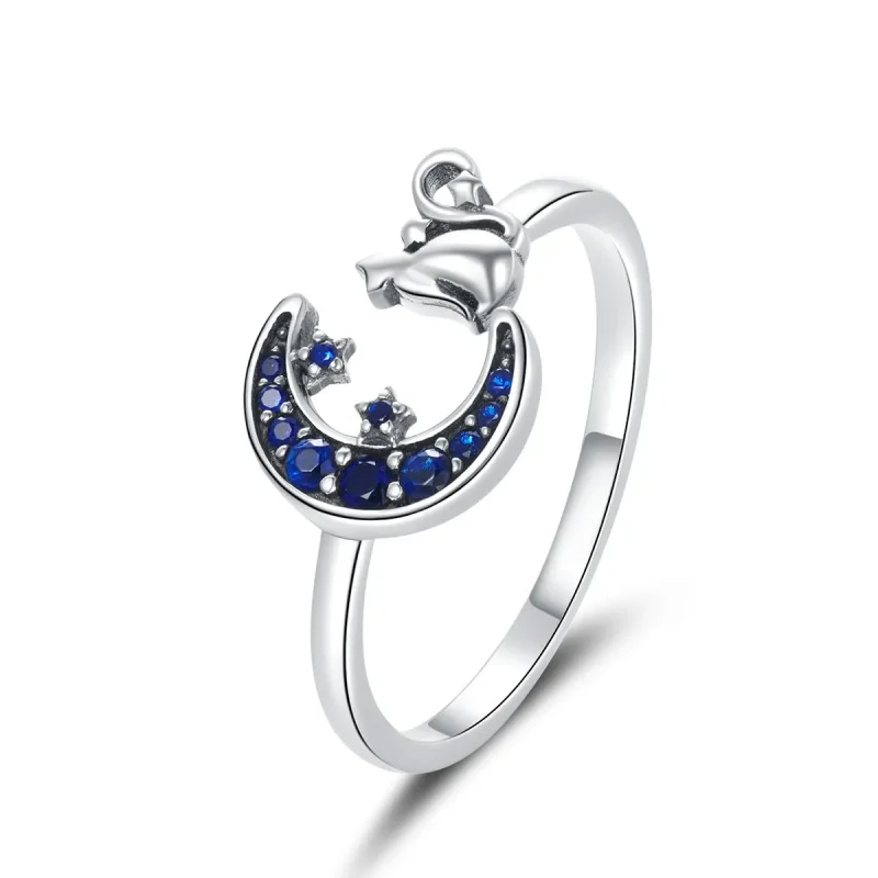 (image for) Pandora Style Silver Open Ring, Moon & Cat - SCR677 - Product Image