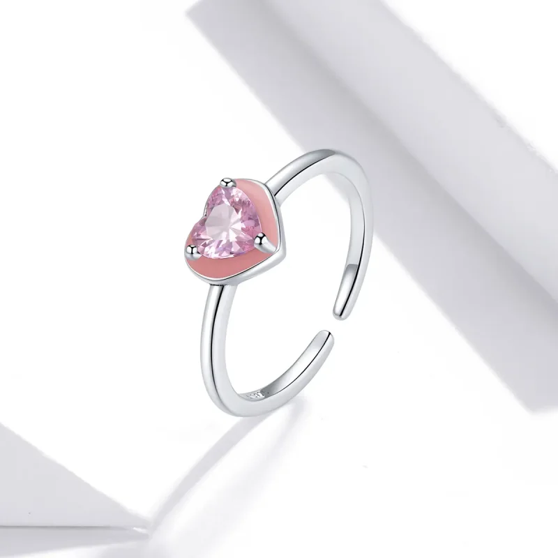 (image for) Pandora Style Silver Open Ring, Open Heart Clear Love, Pink Enamel - SCR717 - View 2