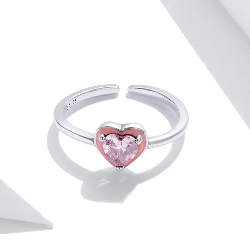 (image for) Pandora Style Silver Open Ring, Open Heart Clear Love, Pink Enamel - SCR717 - View 4