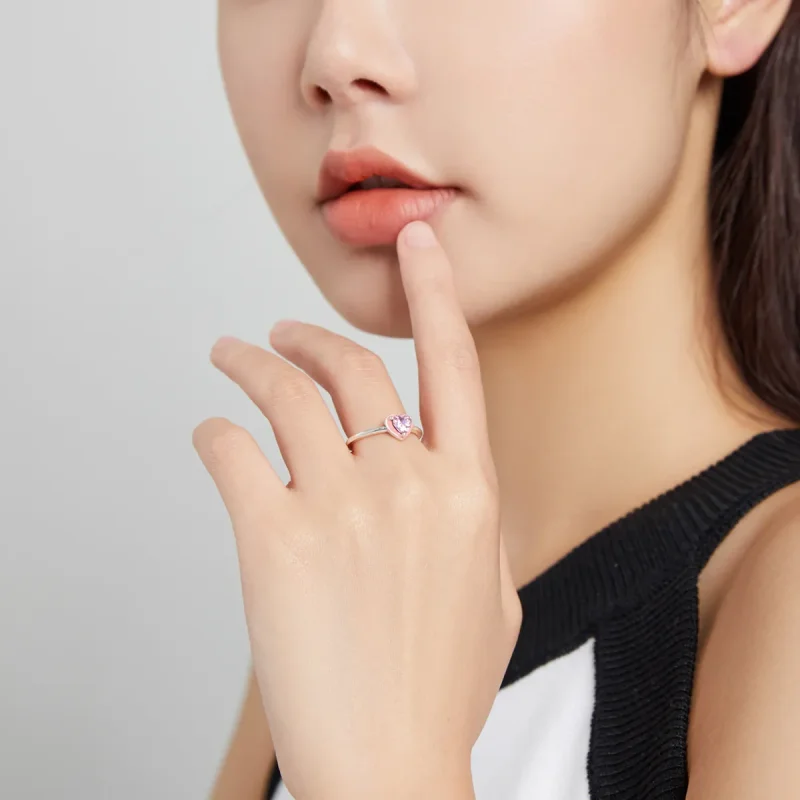 (image for) Pandora Style Silver Open Ring, Open Heart Clear Love, Pink Enamel - SCR717 - View 6