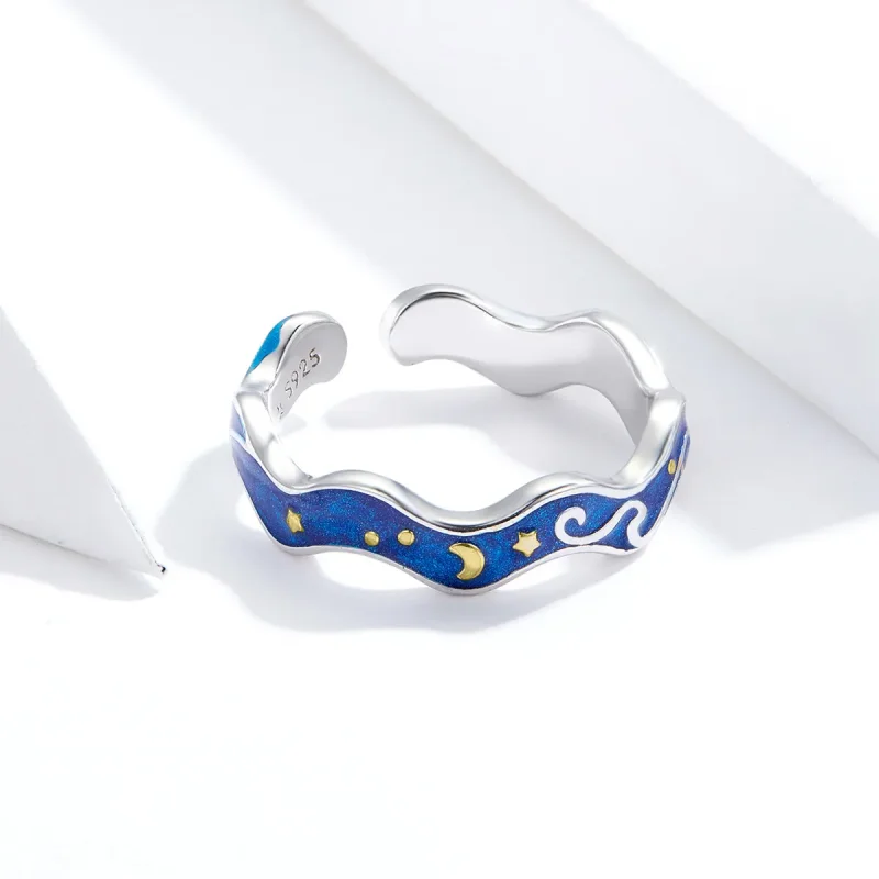 (image for) Pandora Style Silver Open Ring, Starry Sky From Van Gogh, Blue Enamel - SCR608 - View 3