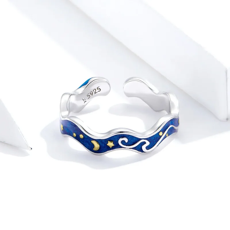 (image for) Pandora Style Silver Open Ring, Starry Sky From Van Gogh, Blue Enamel - SCR608 - View 4