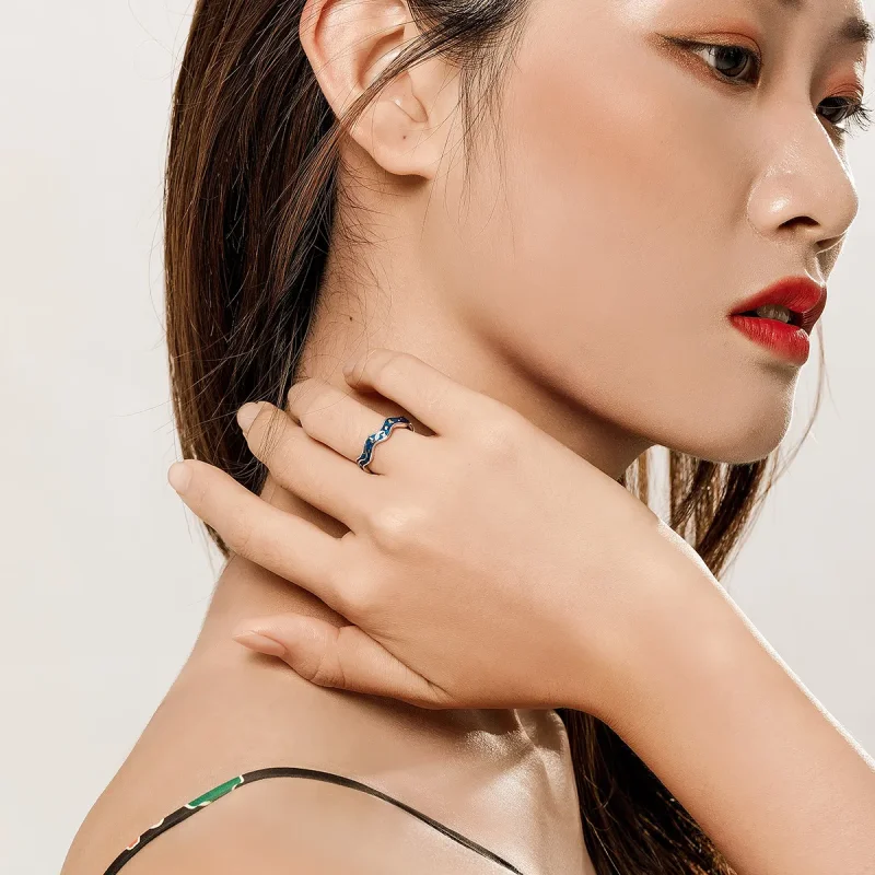 (image for) Pandora Style Silver Open Ring, Starry Sky From Van Gogh, Blue Enamel - SCR608 - View 5