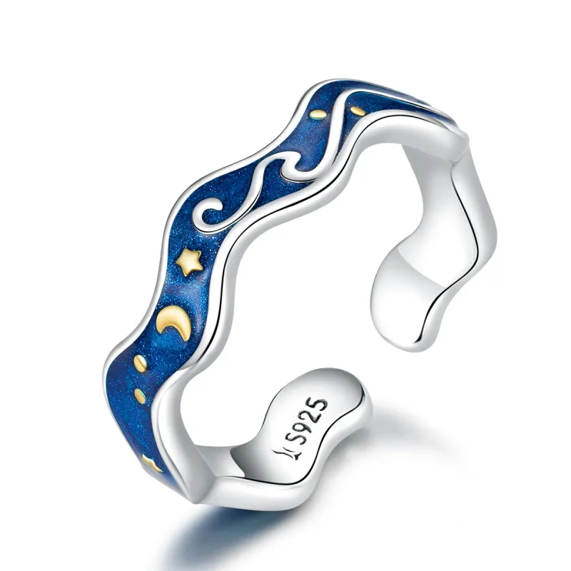 (image for) Pandora Style Silver Open Ring, Starry Sky From Van Gogh, Blue Enamel - SCR608 - Product Image