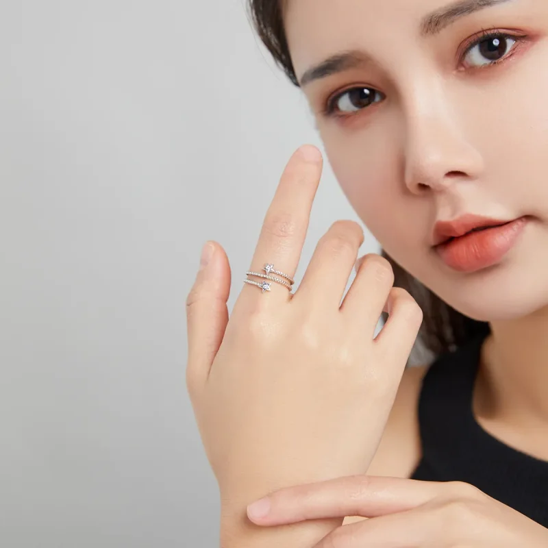 (image for) Pandora Style Silver Open Ring, Two-Stars - SCR718 - View 5