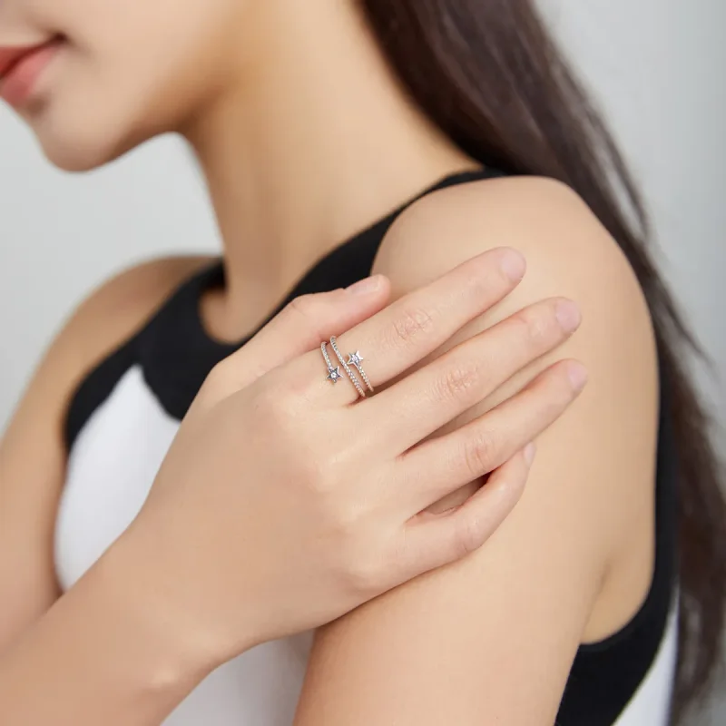 (image for) Pandora Style Silver Open Ring, Two-Stars - SCR718 - View 6