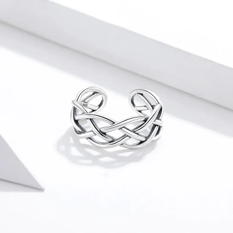 (image for) Pandora Style Silver Open Ring, Woven Texture - SCR675 - View 4