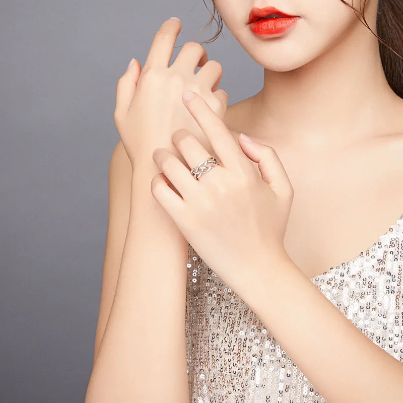 (image for) Pandora Style Silver Open Ring, Woven Texture - SCR675 - View 6