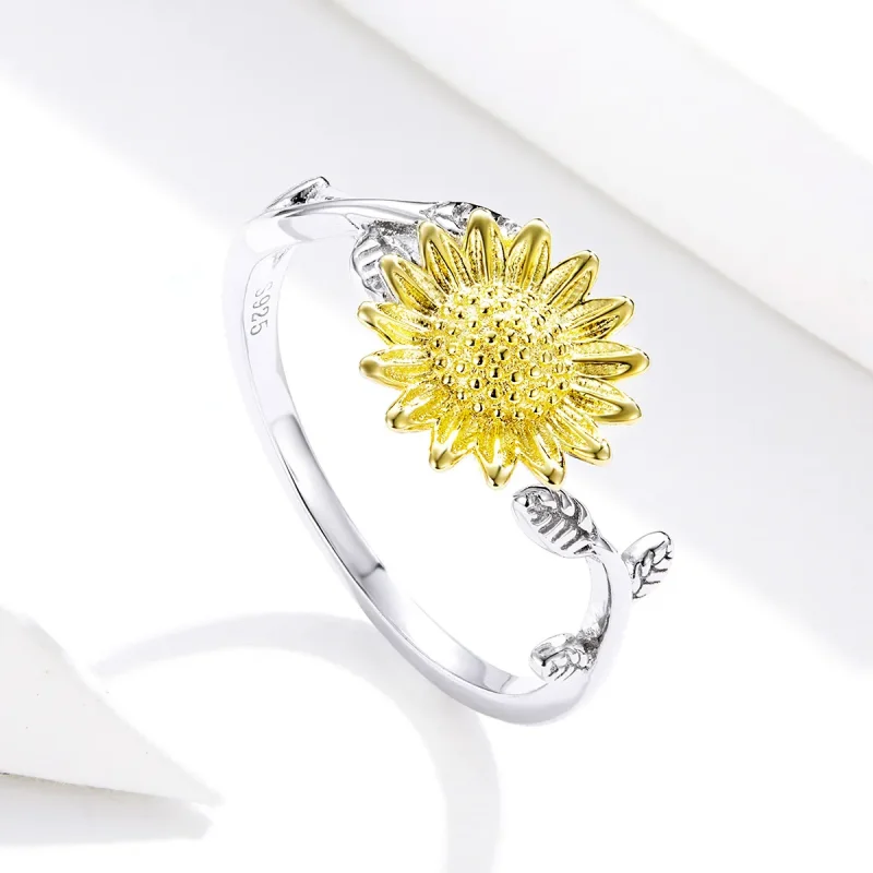 (image for) Pandora Style Two Tone Open Ring, Bicolor Golden Sunflowers - SCR596 - View 4