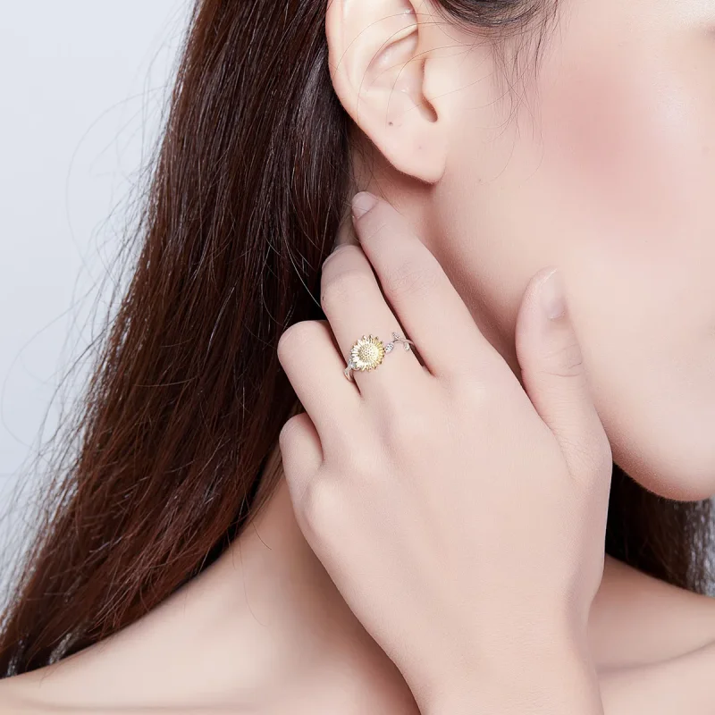 (image for) Pandora Style Two Tone Open Ring, Bicolor Golden Sunflowers - SCR596 - View 6