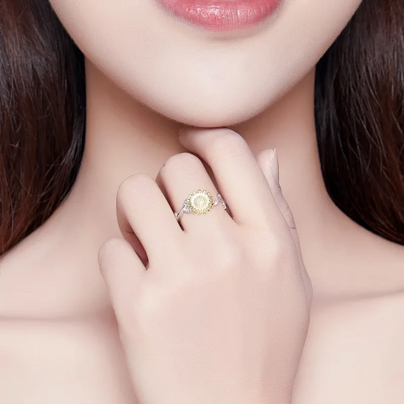 (image for) Pandora Style Two Tone Open Ring, Bicolor Golden Sunflowers - SCR596 - View 7