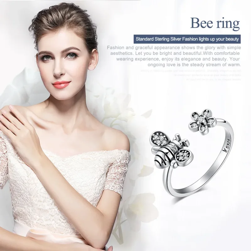(image for) Silver Bee and Flower Ring - PANDORA Style - SCR086 - View 2