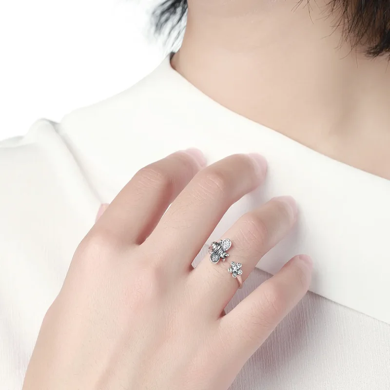 (image for) Silver Bee and Flower Ring - PANDORA Style - SCR086 - View 6