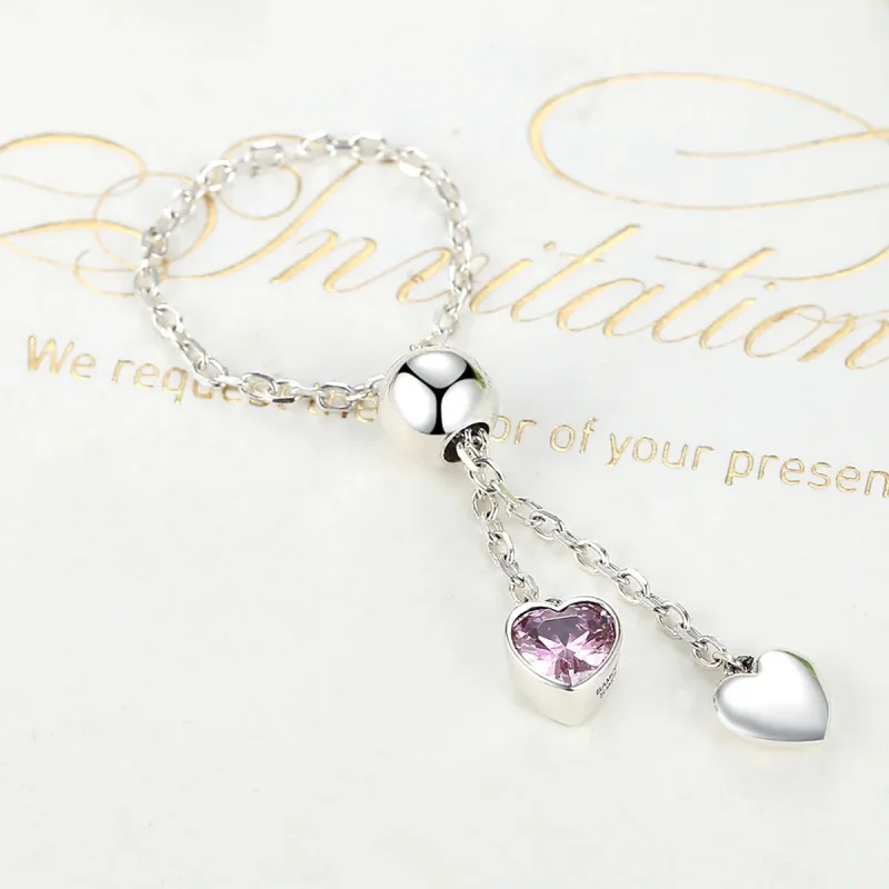 (image for) Silver Pink Heart Chain Ring - PANDORA Style - SCR015 - View 3