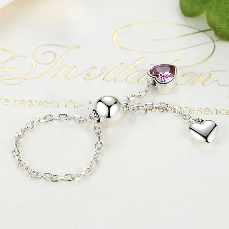 (image for) Silver Pink Heart Chain Ring - PANDORA Style - SCR015 - View 4