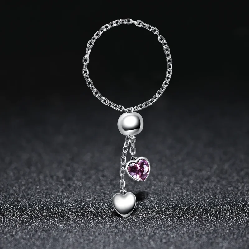 (image for) Silver Pink Heart Chain Ring - PANDORA Style - SCR015 - View 6