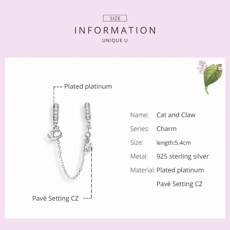 (image for) Pandora Style Silver Safety Chain Charm, Cat and Claw - BSC243 - View 7