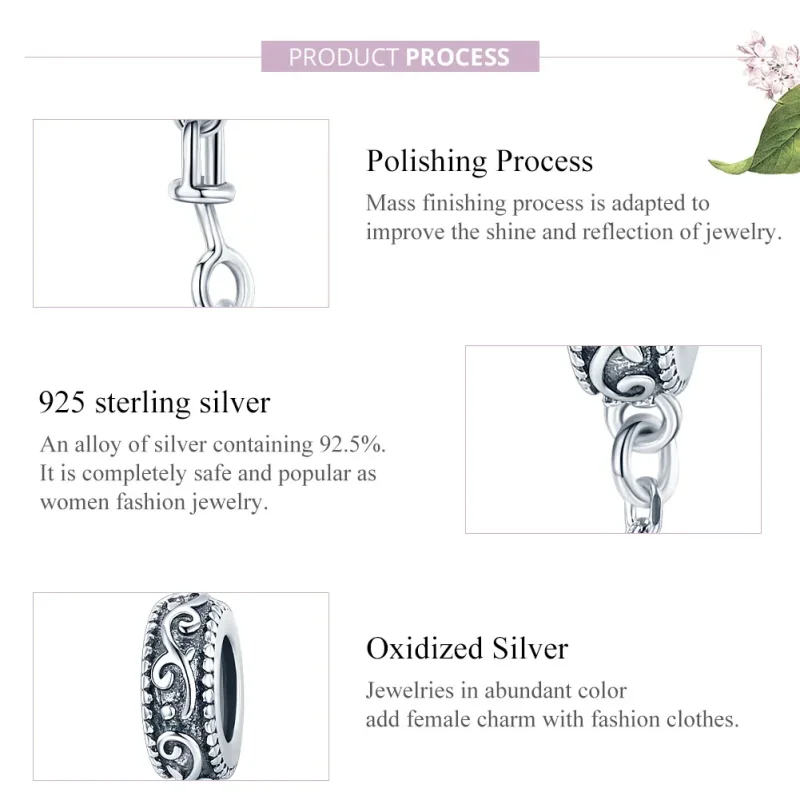 (image for) Pandora Style Silver Safety Chain Charm, Classical Vine - SCC1546 - View 8