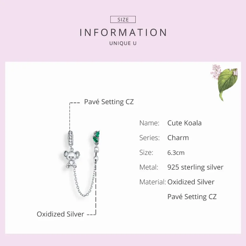(image for) Pandora Style Silver Safety Chain Charm, Cute Koala - SCC1523 - View 7