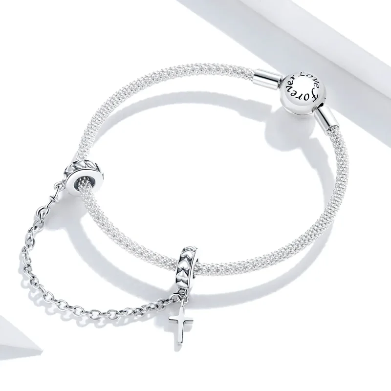 (image for) Pandora Style Silver Safety Chain Charm, Simple Cross - BSC362 - View 3