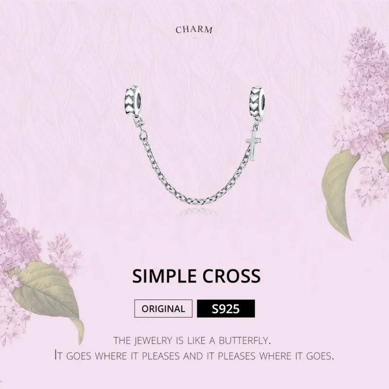 (image for) Pandora Style Silver Safety Chain Charm, Simple Cross - BSC362 - View 6