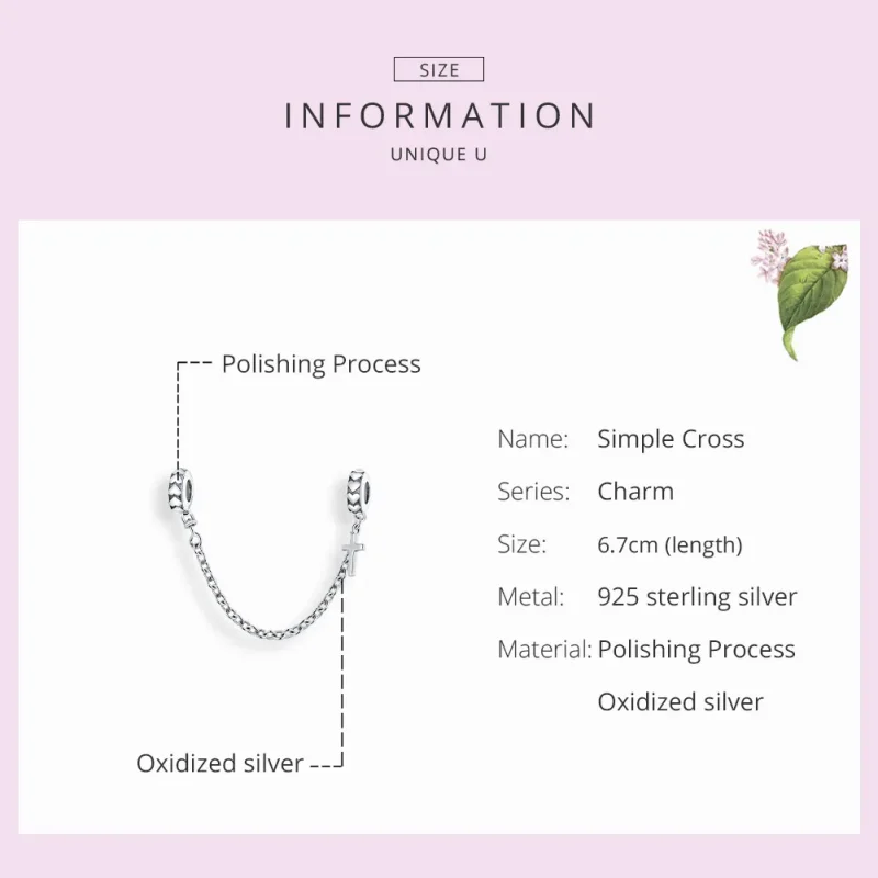 (image for) Pandora Style Silver Safety Chain Charm, Simple Cross - BSC362 - View 7