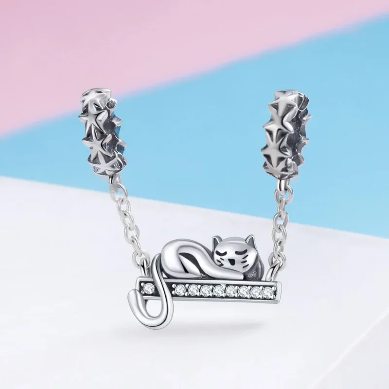 (image for) Pandora Style Silver Safety Chain Charm, Sleeping Cat - SCC856 - View 2