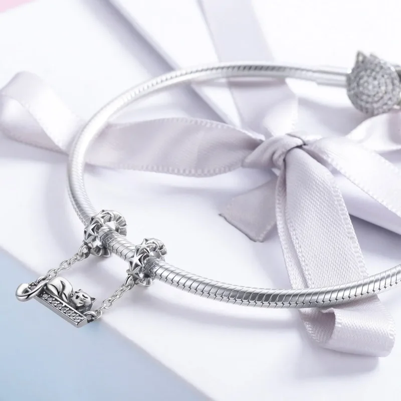 (image for) Pandora Style Silver Safety Chain Charm, Sleeping Cat - SCC856 - View 4