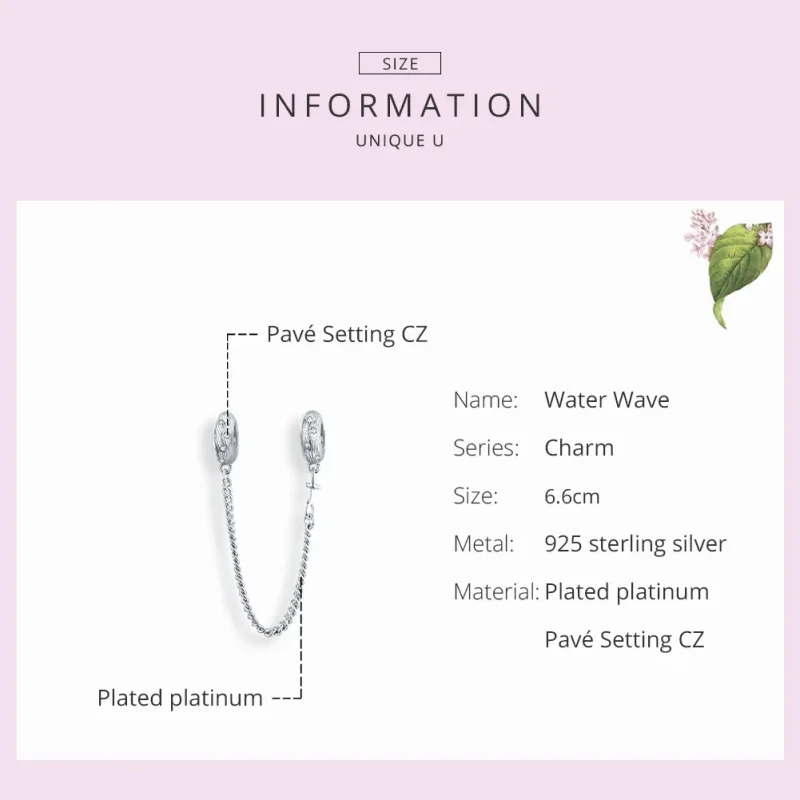 (image for) Pandora Style Silver Safety Chain Charm, Water Wave - SCC1577 - View 7
