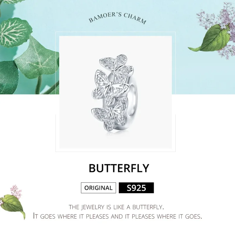 (image for) Pandora Style Silver Spacer Charm, Butterfly - BSC120 - View 5