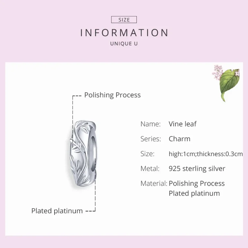 (image for) Pandora Style Silver Spacer Charm, Vine Leaf - BSC142 - View 7