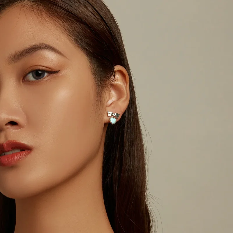 (image for) PANDORA Style Opal Heart Bow Stud Earrings - SCE1374 - View 6