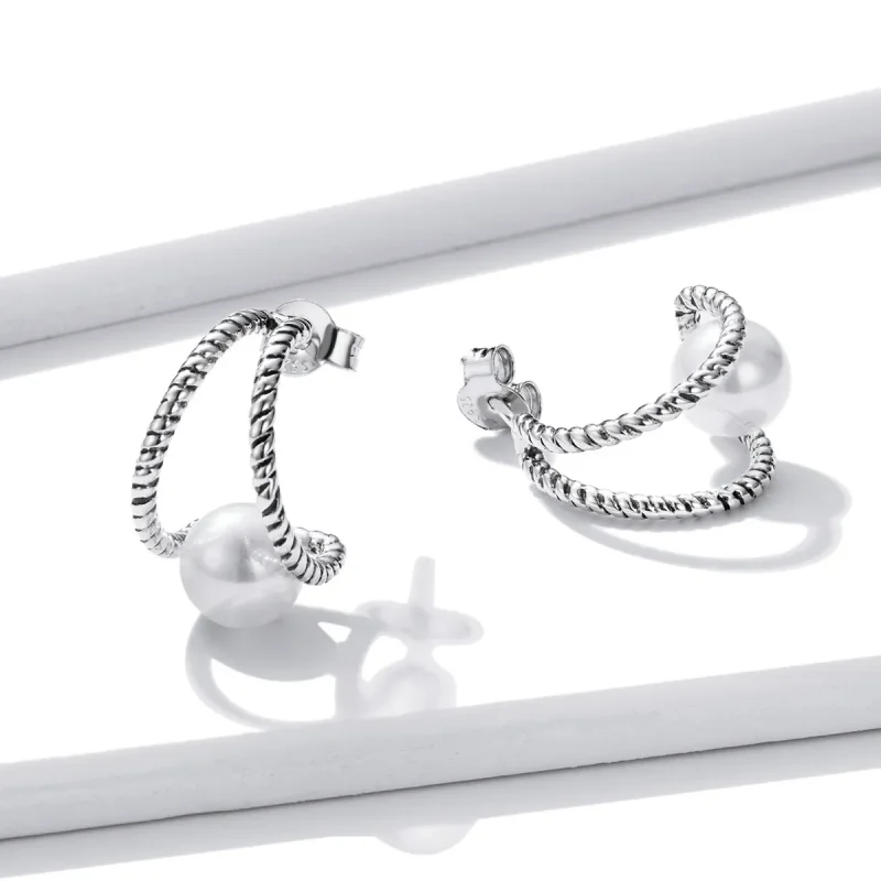 (image for) PANDORA Style Simple Geometric Shell Beads Stud Earrings - BSE539 - View 3