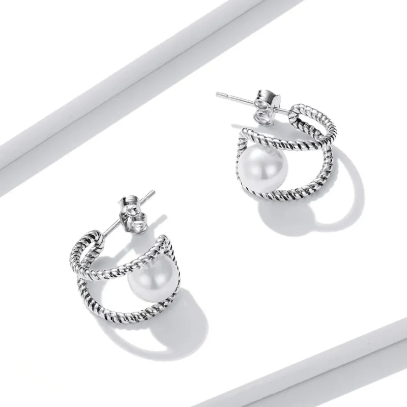 (image for) PANDORA Style Simple Geometric Shell Beads Stud Earrings - BSE539 - View 4