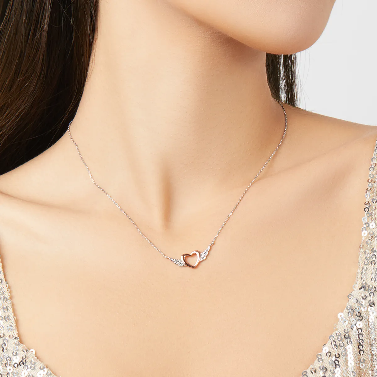 Pandora Style Two Tone Hoop Earrings, Bicolor Heart Wing - BSN162