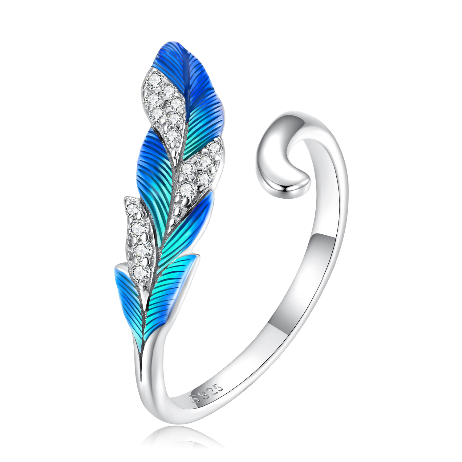 pandora style dazzling blue feather open ring bsr301