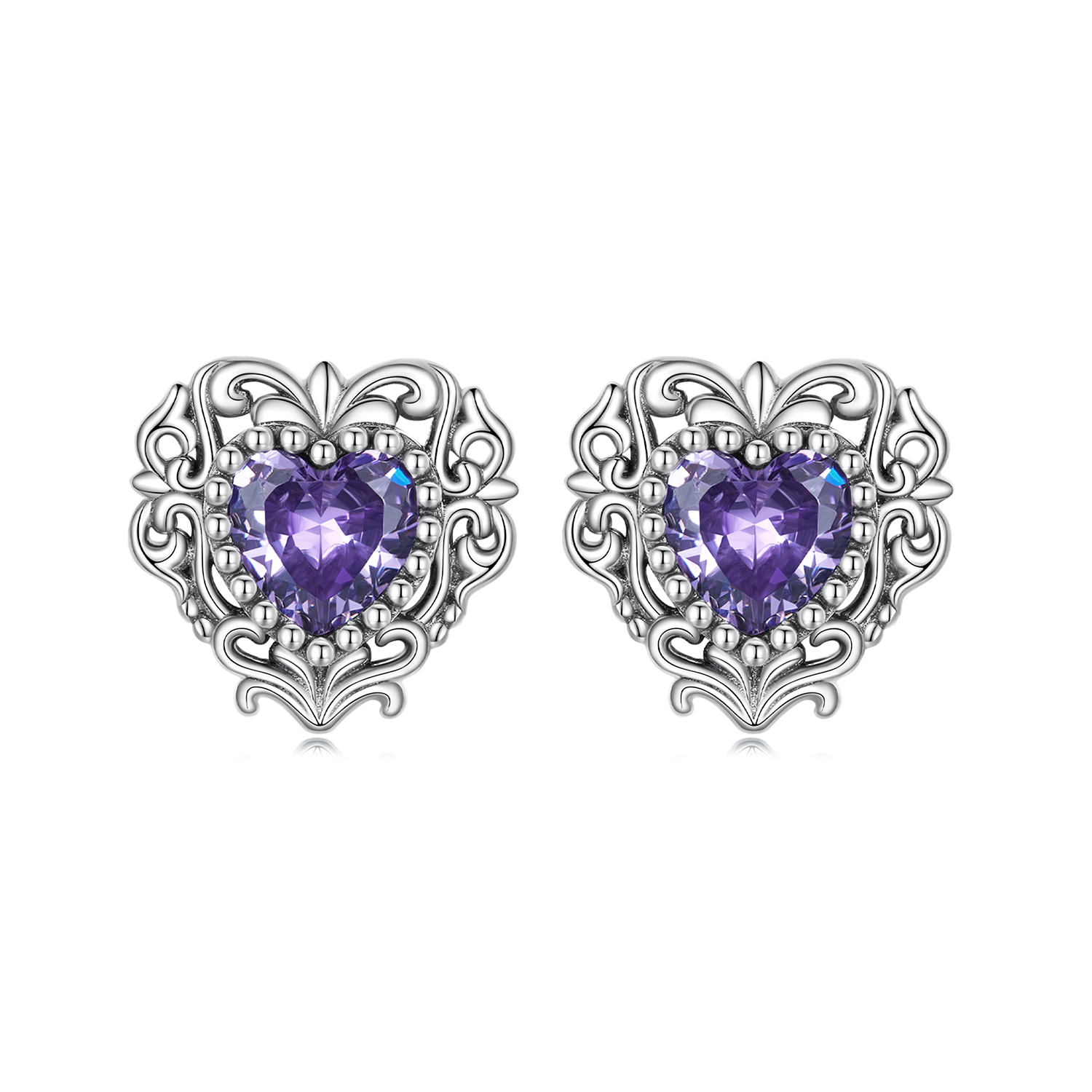 pandora style purple zircon heart stud earrings bse695